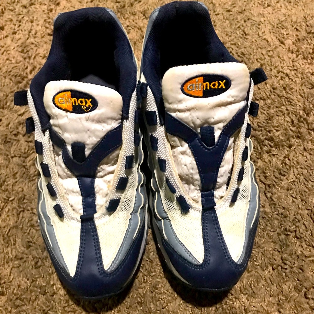Lady’s Nike AiR MAX 95  (Sz.7)  blue,gray,white w/yellow check & yellow bubble